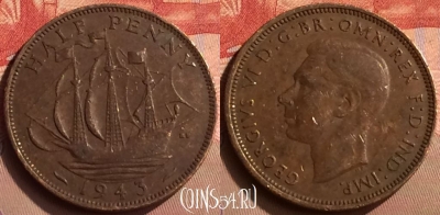 Великобритания 1/2 пенни 1943 года, KM# 844, 424-018