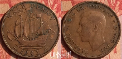Великобритания 1/2 пенни 1943 года, KM# 844, 434-113