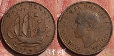 Великобритания 1/2 пенни 1944 года, KM# 844, 194l-036