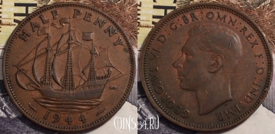 Великобритания 1/2 пенни 1944 года, KM# 844, 239-091