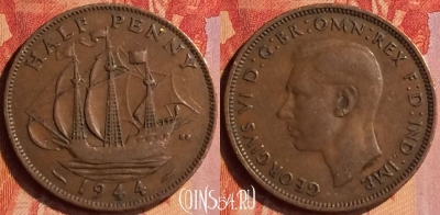 Великобритания 1/2 пенни 1944 года, KM# 844, 420-016