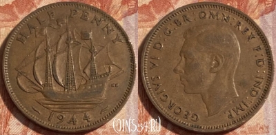 Великобритания 1/2 пенни 1944 года, KM# 844, 498р-058