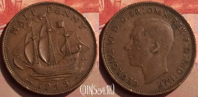 Великобритания 1/2 пенни 1945 года, KM# 844, 423-127