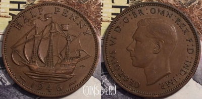 Великобритания 1/2 пенни 1946 года, KM# 844, 239-089
