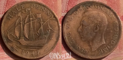 Великобритания 1/2 пенни 1947 года, KM# 844, 127m-035