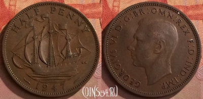 Великобритания 1/2 пенни 1947 года, KM# 844, 262o-051