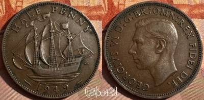 Великобритания 1/2 пенни 1949 года, KM# 868, 373s-075 ♛