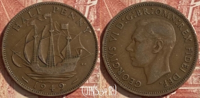Великобритания 1/2 пенни 1949 года, KM# 868, 483р-028 ♛