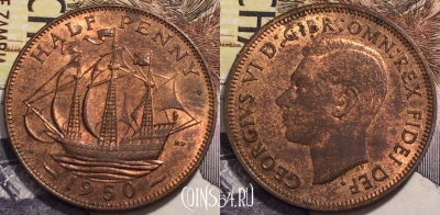 Великобритания 1/2 пенни 1950 года, KM# 868, 239-085