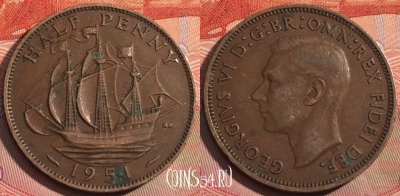 Великобритания 1/2 пенни 1951 года, KM# 868, 264a-076
