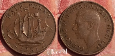 Великобритания 1/2 пенни 1951 года, KM# 868, 370l-138