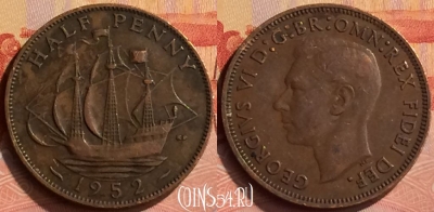 Великобритания 1/2 пенни 1952 года, KM# 868, 266n-053