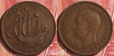 Великобритания 1/2 пенни 1952 года, KM# 868, 331n-086