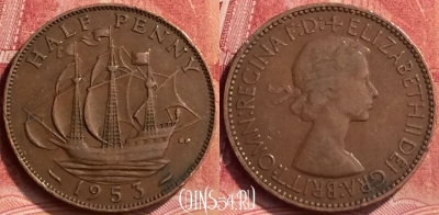 Великобритания 1/2 пенни 1953 года, KM# 882, 070m-067