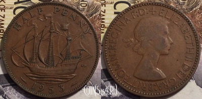 Великобритания 1/2 пенни 1953 года, KM# 882, 241-013