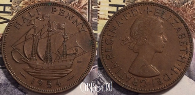 Великобритания 1/2 пенни 1954 года, KM# 896, 239-083
