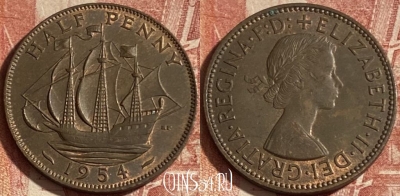 Великобритания 1/2 пенни 1954 года, KM# 896, 264p-028 ♛