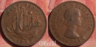 Великобритания 1/2 пенни 1957 года, KM# 896, 353l-014