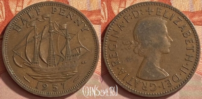 Великобритания 1/2 пенни 1957 года, KM# 896, 409o-043