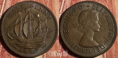 Великобритания 1/2 пенни 1957 г., ☆ Calm Sea ☆, 501s-004 ♛