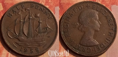 Великобритания 1/2 пенни 1958 года, KM# 896, 130n-049