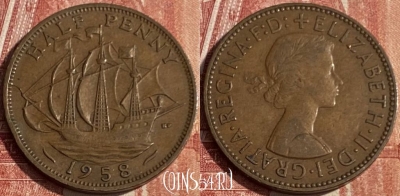 Великобритания 1/2 пенни 1958 года, KM# 896, 149q-137 ♛