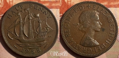 Великобритания 1/2 пенни 1958 года, KM# 896, 330s-061 ♛
