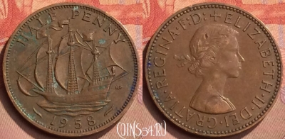 Великобритания 1/2 пенни 1958 года, KM# 896, 430-025