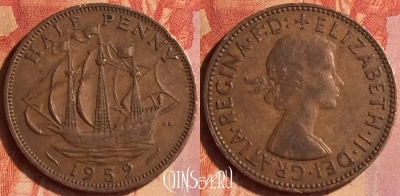 Великобритания 1/2 пенни 1959 года, KM# 896, 104o-083