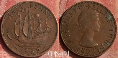 Великобритания 1/2 пенни 1959 года, KM# 896, 128m-017