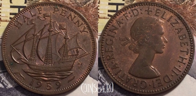 Великобритания 1/2 пенни 1959 года, KM# 896, 239-078