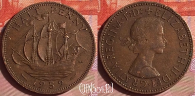 Великобритания 1/2 пенни 1959 года, KM# 896, 335i-033