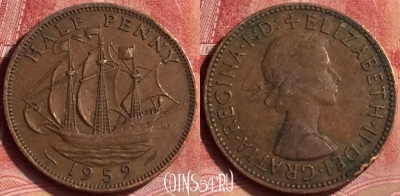 Великобритания 1/2 пенни 1959 года, KM# 896, 374l-045