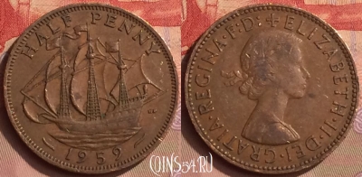 Великобритания 1/2 пенни 1959 года, KM# 896, 443-134