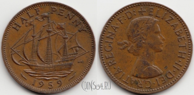 Великобритания 1/2 пенни 1959 года, KM# 896, 054-123