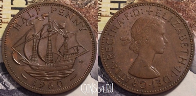 Великобритания 1/2 пенни 1960 года, KM# 896, 239-077