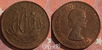 Великобритания 1/2 пенни 1965 года, KM# 896, 044h-125