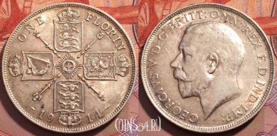 Великобритания 2 шиллинга (флорин) 1914 года Ag, KM# 817,