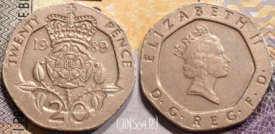 Великобритания 20 пенсов 1989 года, KM# 939, 140-010