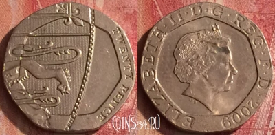 Великобритания 20 пенсов 2009 года, KM# 1111, 455o-017