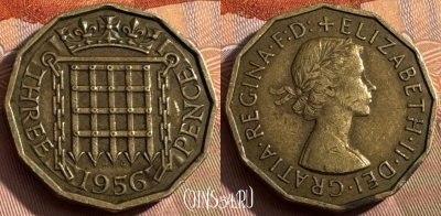 Великобритания 3 пенса 1956 года, KM# 900, 165s-119