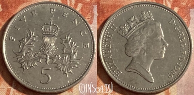 Великобритания 5 пенсов 1989 года, KM# 937, 447r-048 ♛