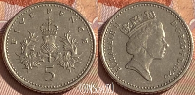 Великобритания 5 пенсов 1990 года, KM# 937b, 345p-080
