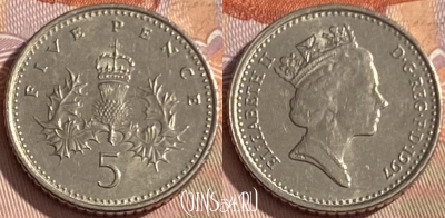 Великобритания 5 пенсов 1997 года, KM# 937b, 345p-078