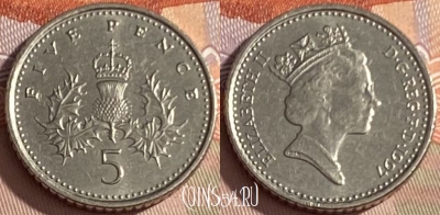 Великобритания 5 пенсов 1997 года, KM# 937b, 369p-038