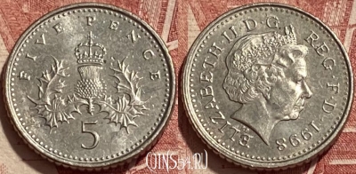Великобритания 5 пенсов 1998 года, KM# 988, 414q-006