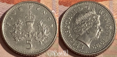 Великобритания 5 пенсов 1999 года, KM# 988, 380p-107