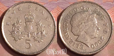 Великобритания 5 пенсов 2000 года, KM# 988, 238k-064