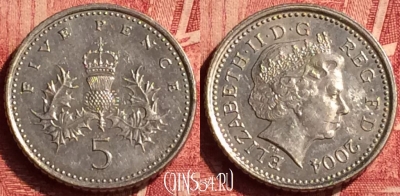 Великобритания 5 пенсов 2004 года, KM# 988, 351o-138