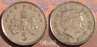 Великобритания 5 пенсов 2007 года, KM# 988, 105c-130